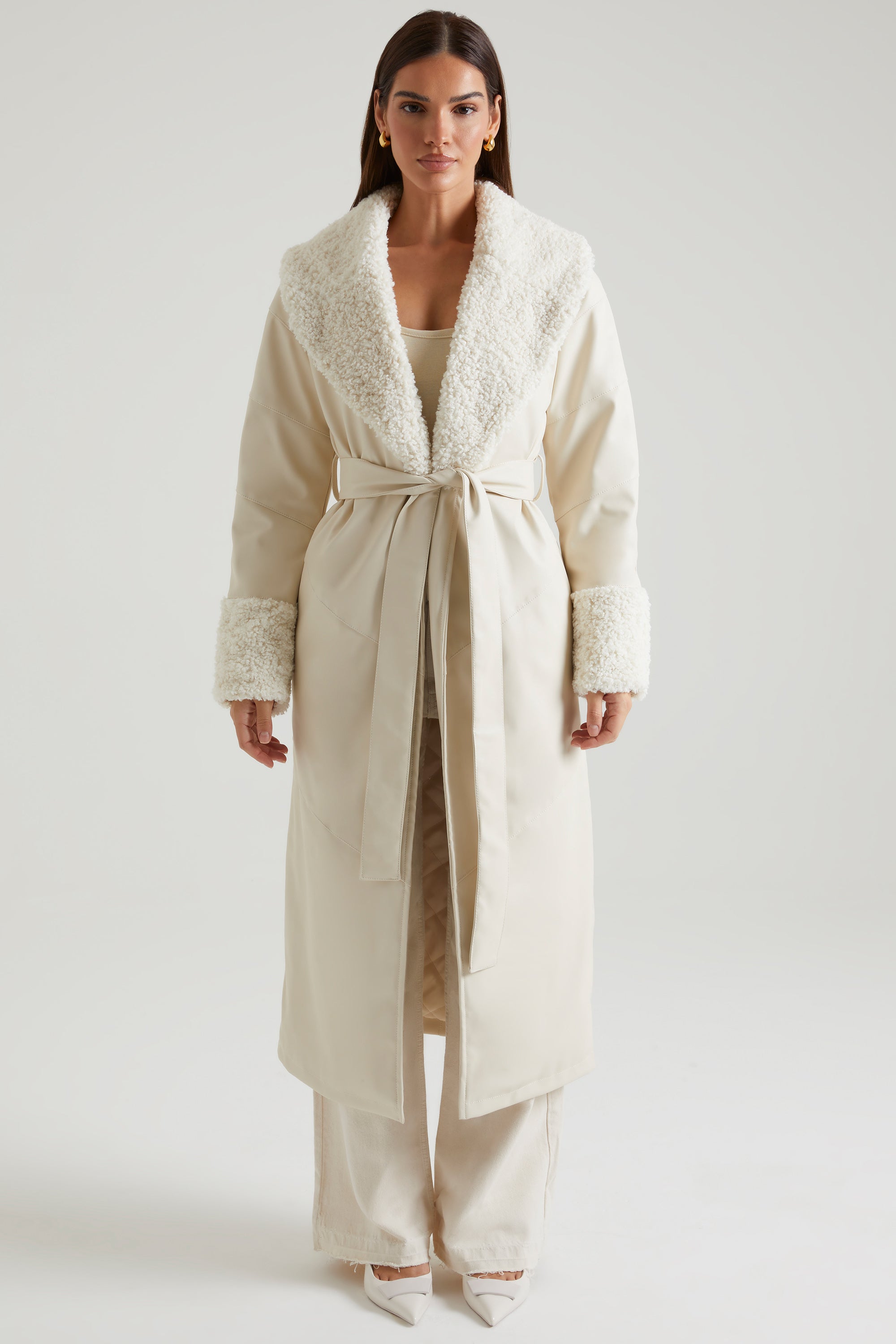 Tie Up Coat with Shearling Collar and Cuffs in Cream、mySite、solidvoid