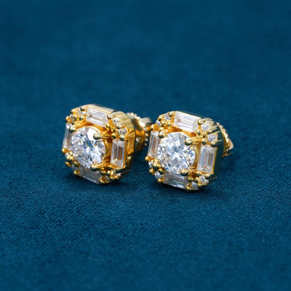 Moissanite Baguette Halo Stud Earrings 14K Gold、mySite、hinf8tx79