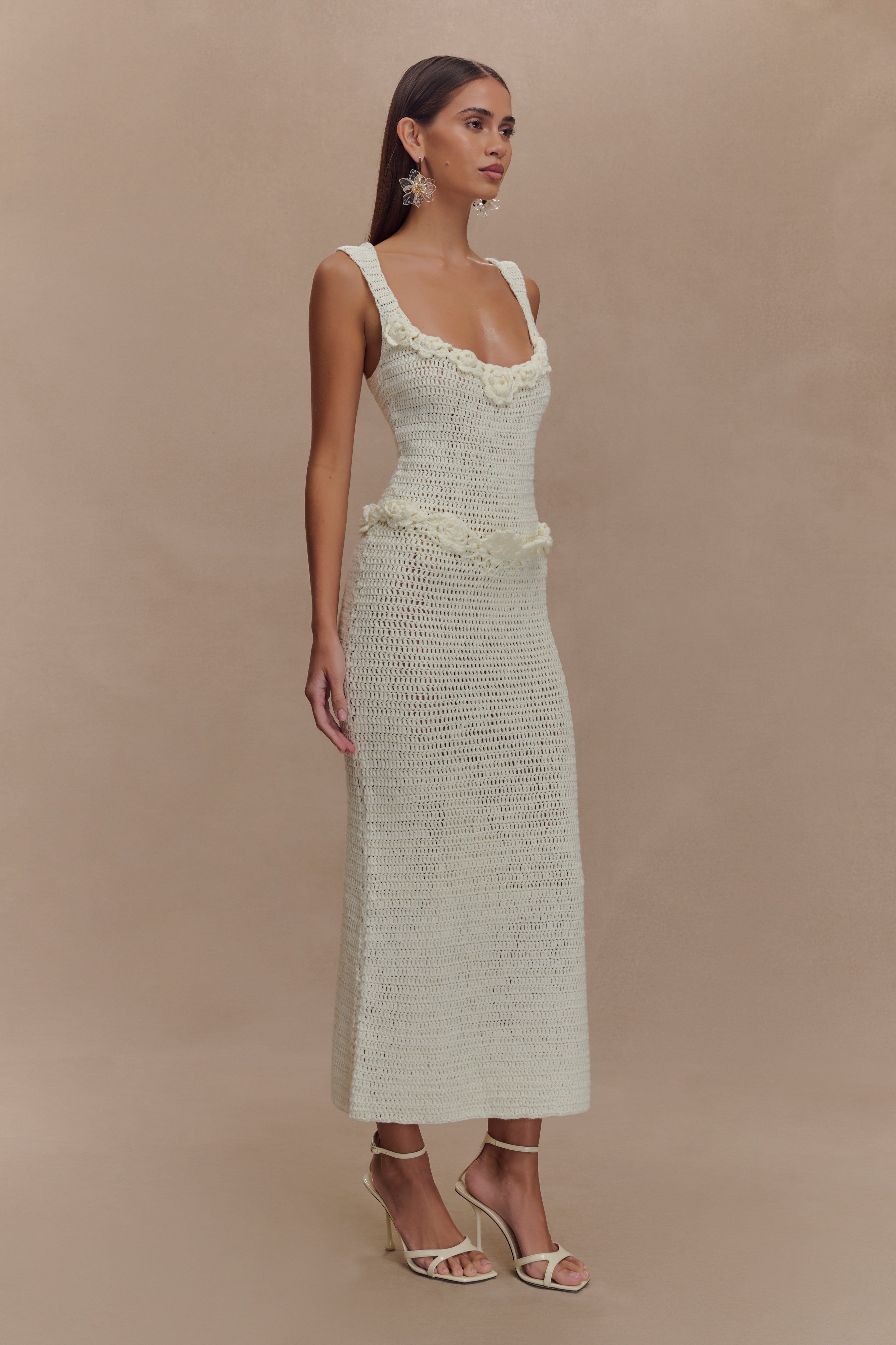 Teagan Floral Hand Crochet Midi Dress - Ivory、mySite、solidvoid