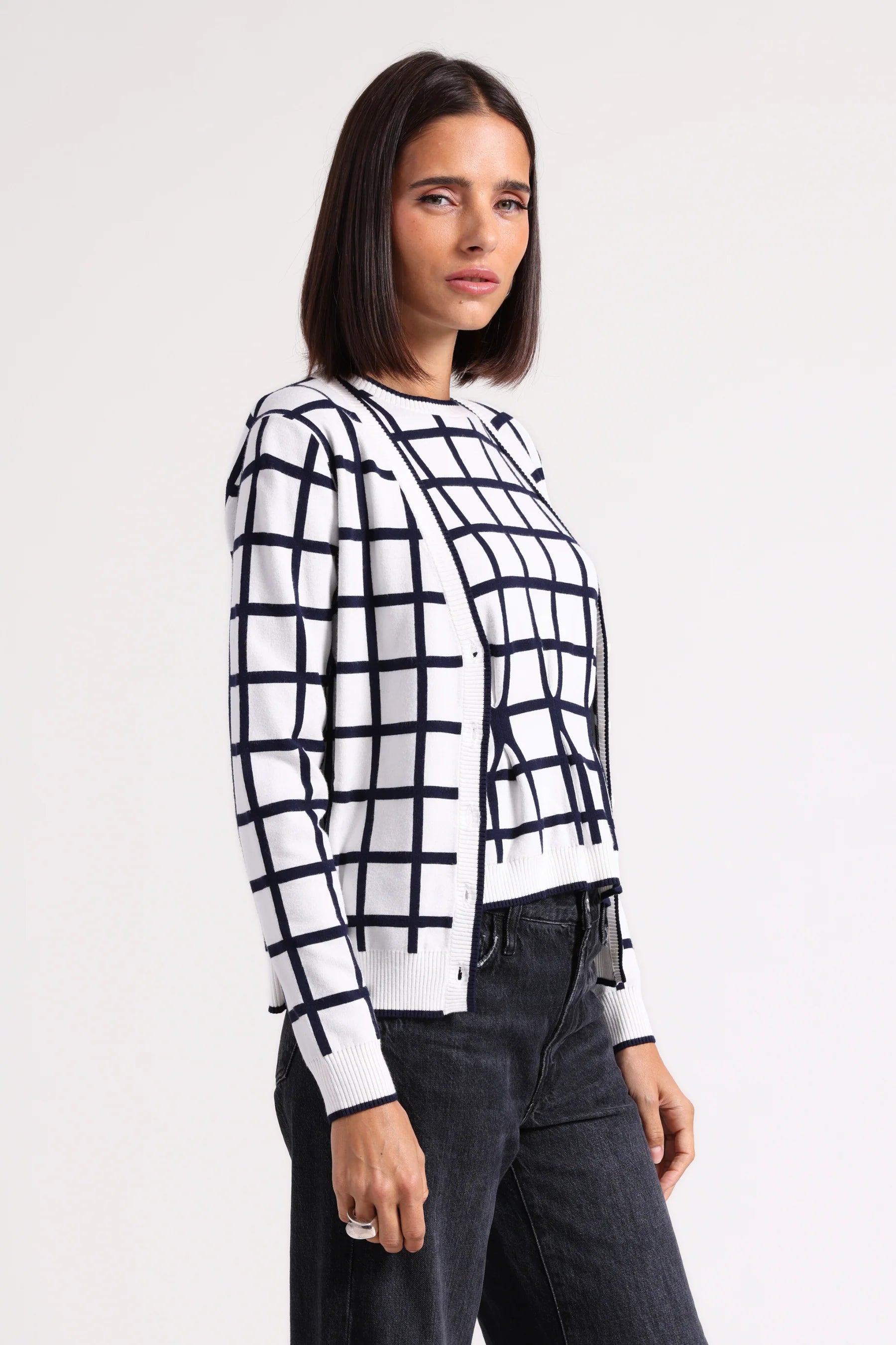 Minnie Rose Windowpane V-Neck Cardigan - Final Sale、mySite、noshort