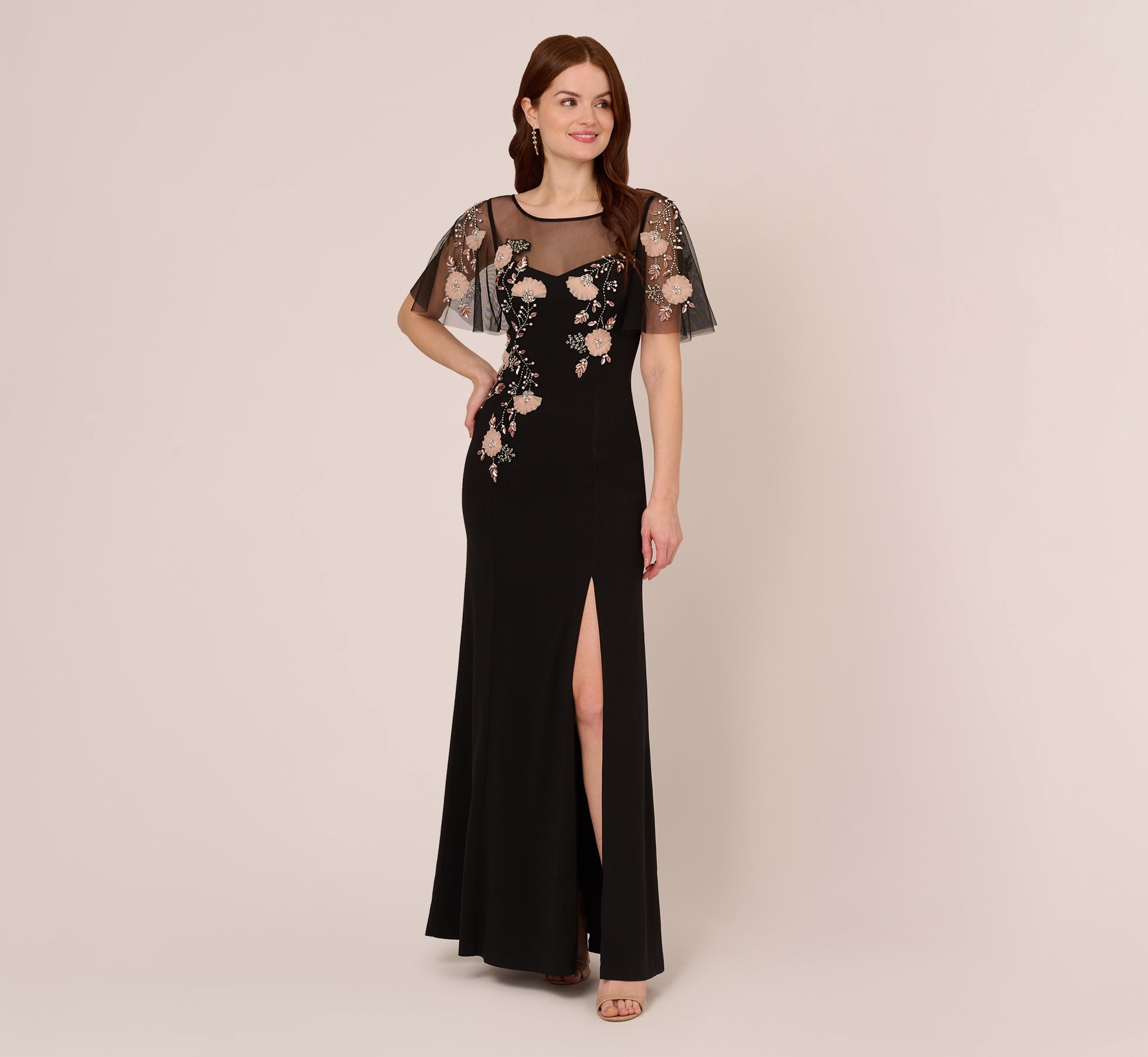 Flutter Sleeve Crepe Gown With Floral Sequin Beading In Black Blush Multi、mySite、solidvoid