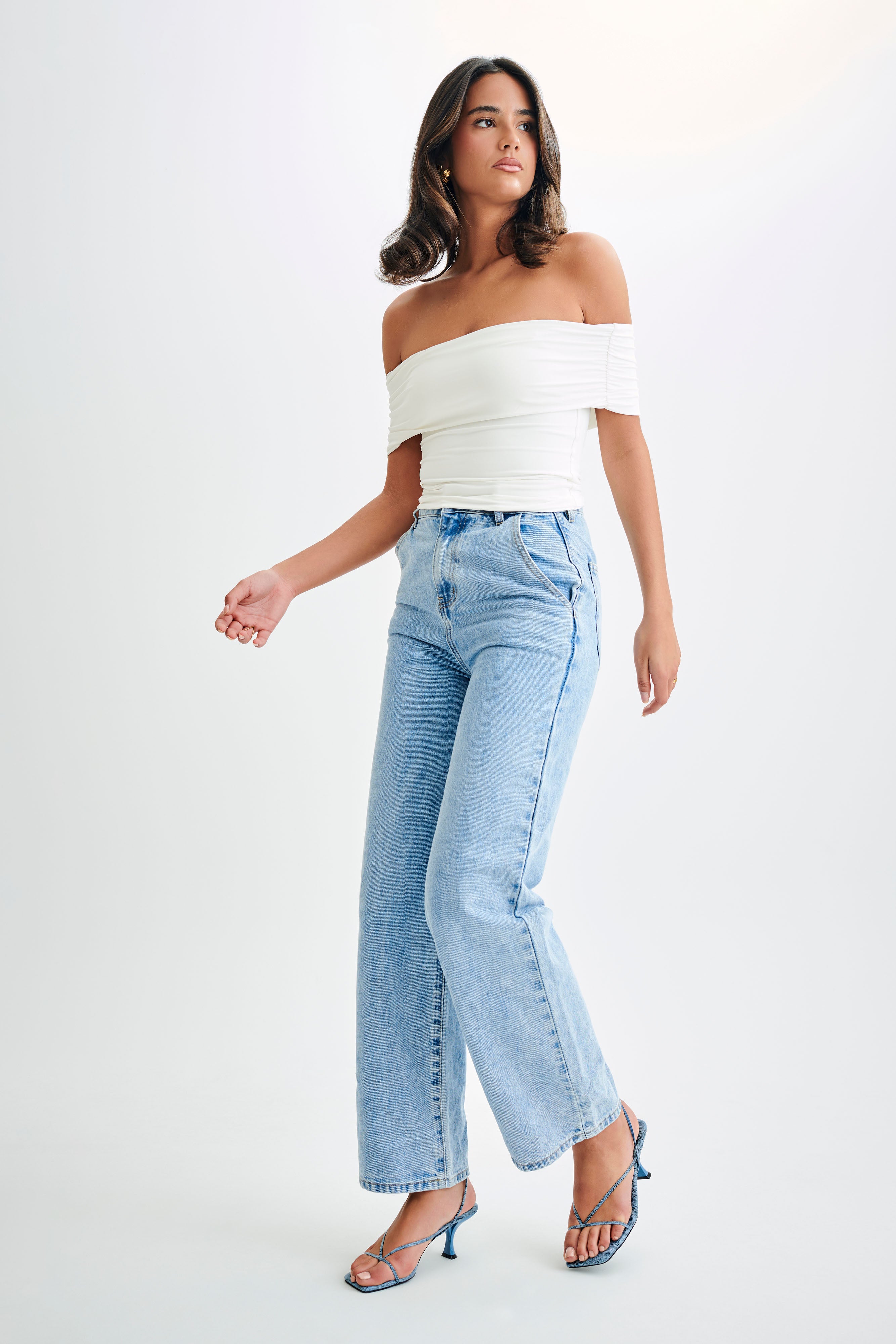 Meena Recycled Nylon Off Shoulder Top - White、mySite、solidvoid