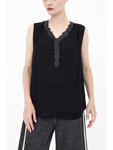 Elaine Kim Bettina Silk V-Neck Shell Top with Grosgrain Trim、mySite、noshort