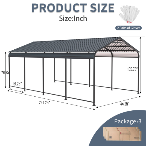 12 X 32 FT Carport, Heavy Duty Carport with Galvanized Steel Roof and Frame, Metal Carport Large Garage with 4 Fixed inclined square tube supports for Driveway Car, Truck、、eastwooduniform