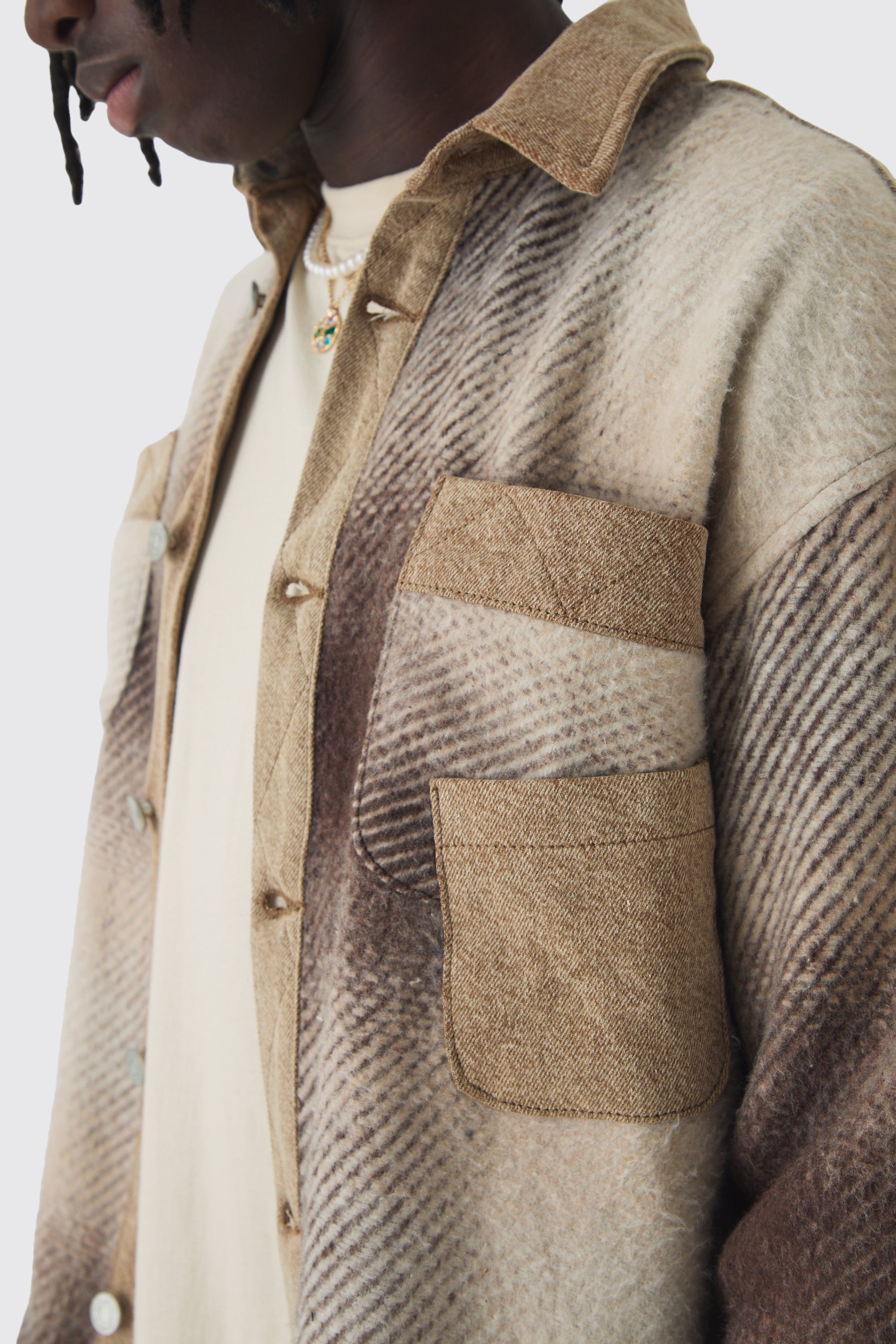  Boohooman Oversized Denim Checked Quilted Shirt Sand、mySite、justintrudeaud