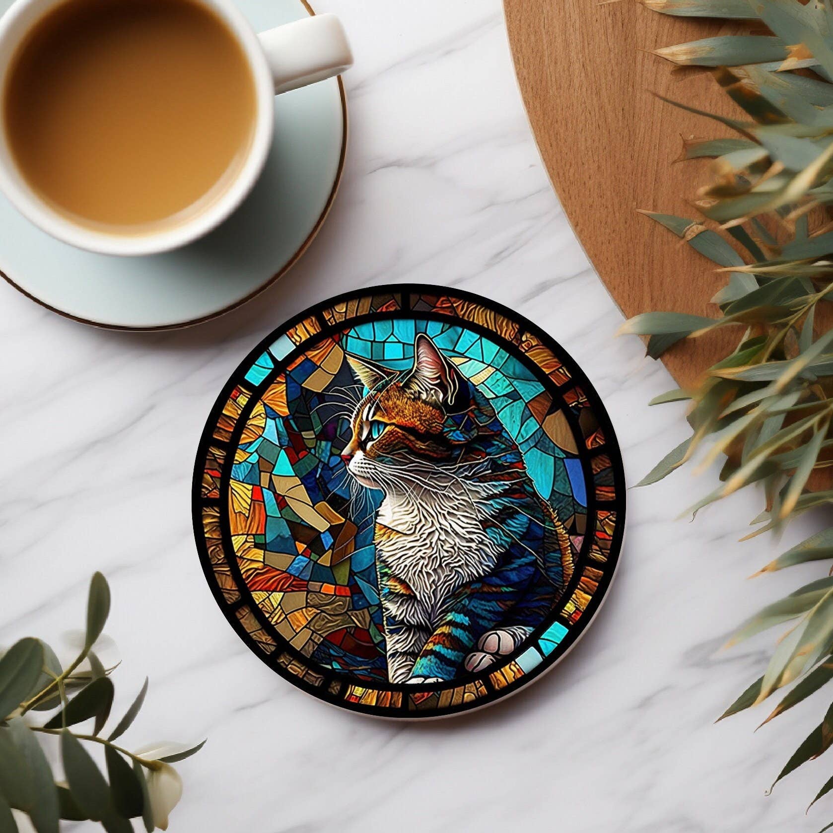 Cat Coaster with Stained Glass Motif, Eco-Friendly Ceramic、mySite、g9winljtr
