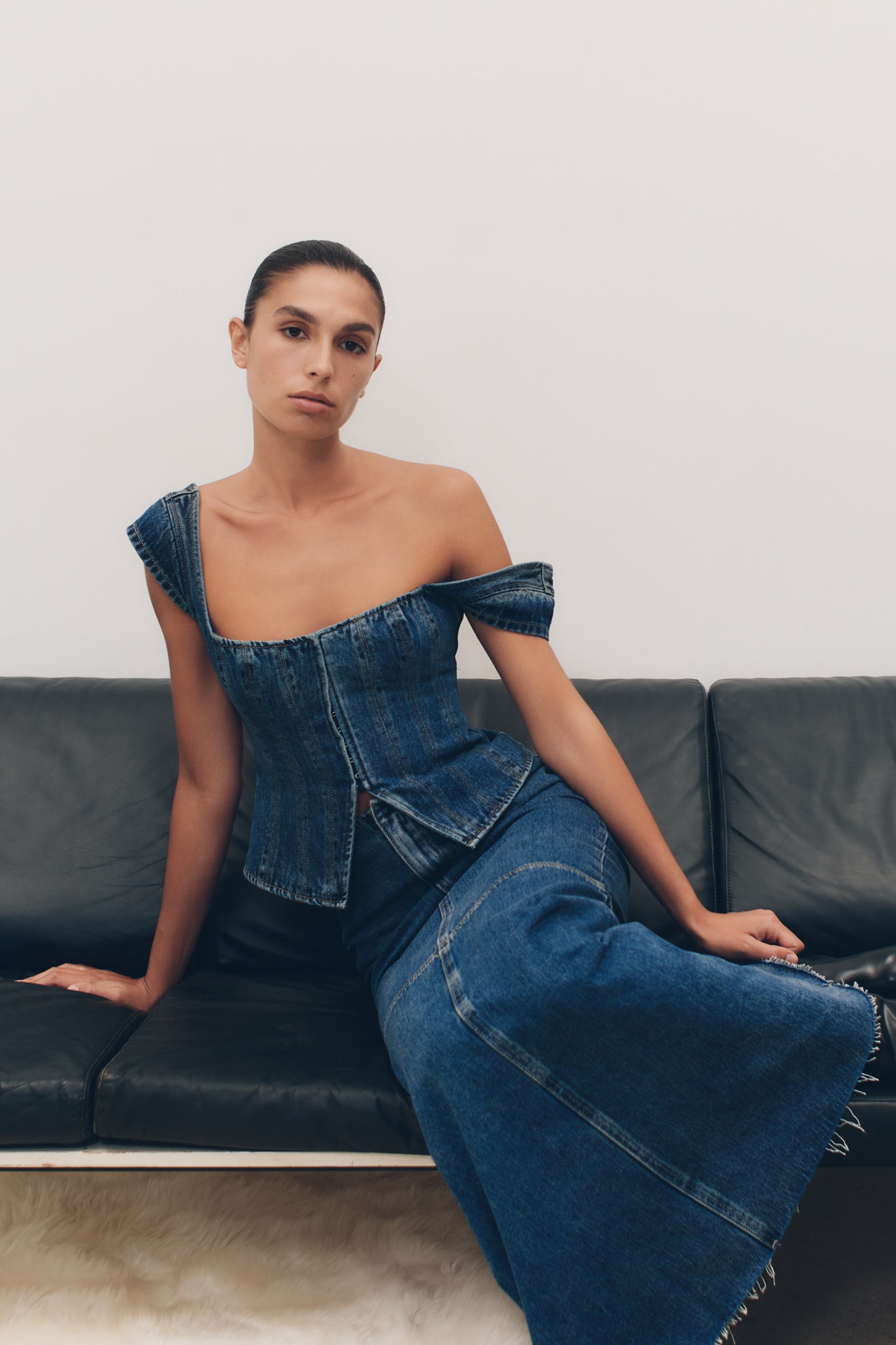 Loretta Cap Sleeve Denim Top - Washed Dark Blue、mySite、solidvoid