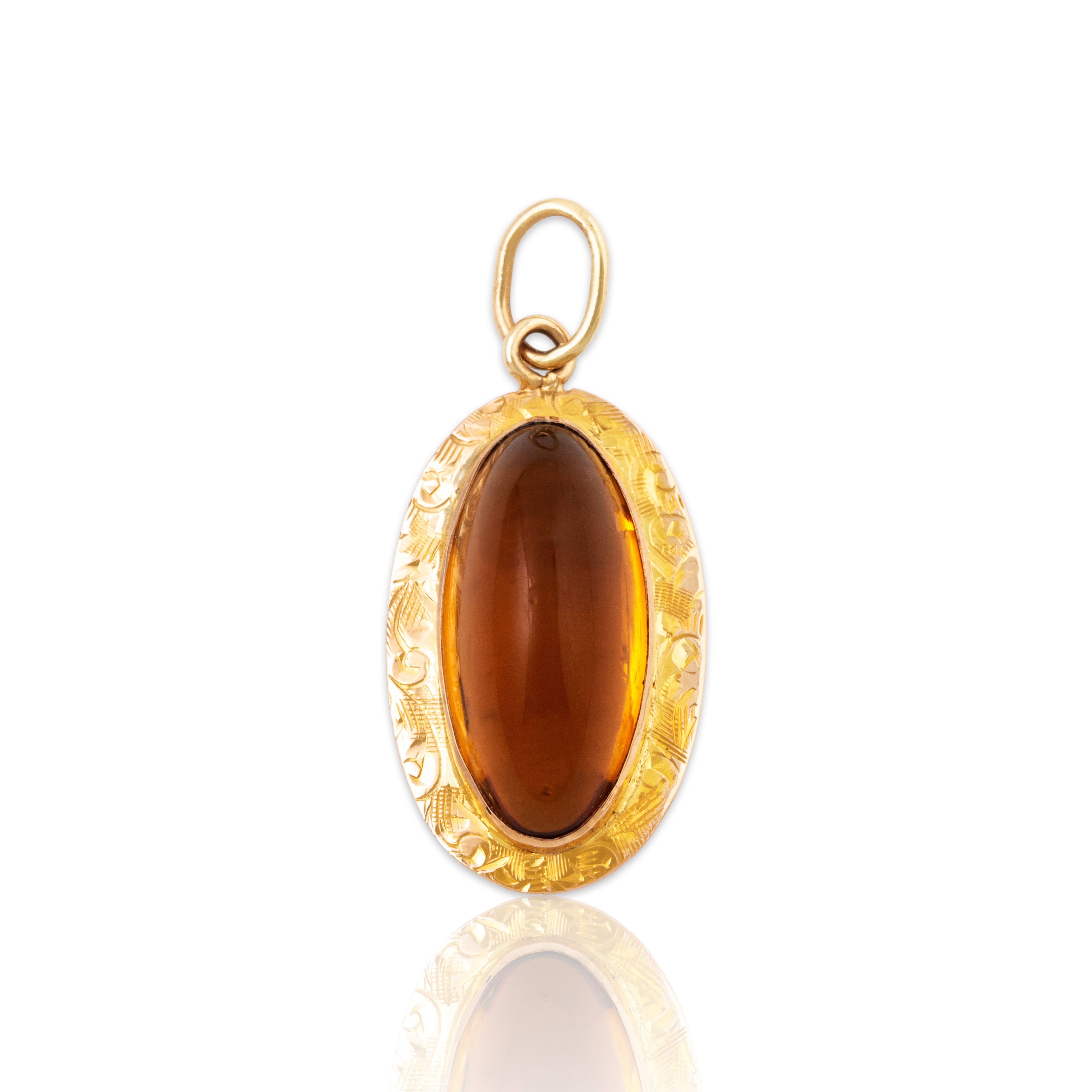 Antique 10k Yellow Gold Golden-Brown Glass Engraved Border Charm / Pendant、mySite、hinf8tx79