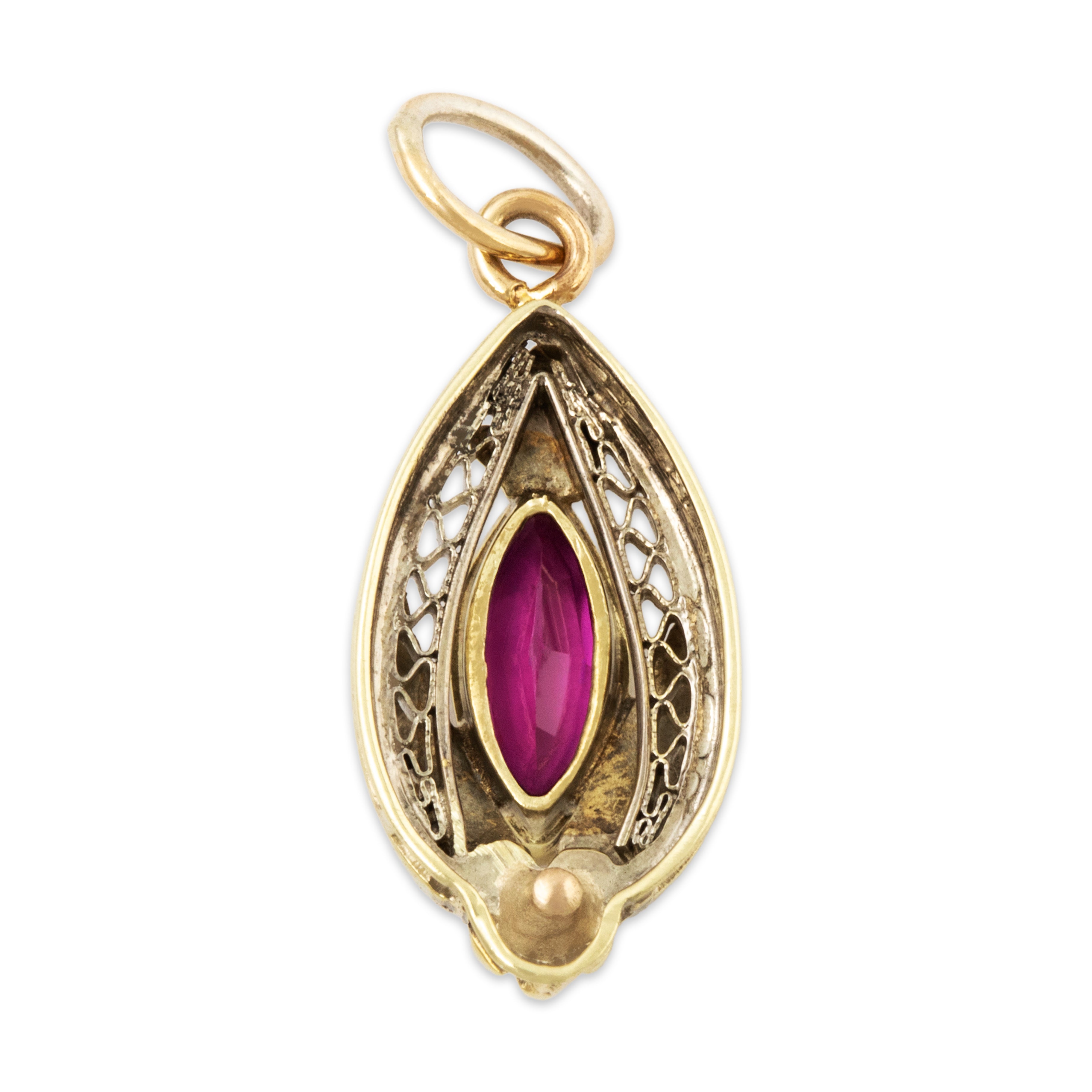 Antique 14k Yellow & White Gold Synthetic Ruby Openwork Charm / Pendant、mySite、hinf8tx79