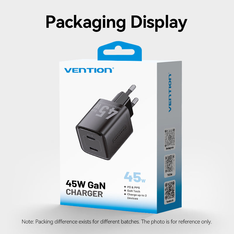 Vention 2-Port USB (C + C) GaN Charger (45W/45W) EU-Plug Black、mySite、fannypackpong
