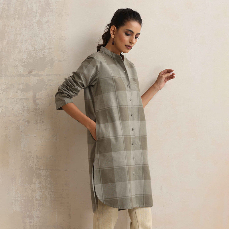 Cotton Short Kurta For Women | Mandarin Collar | Checkered Print | Green、mySite、camillekostekn