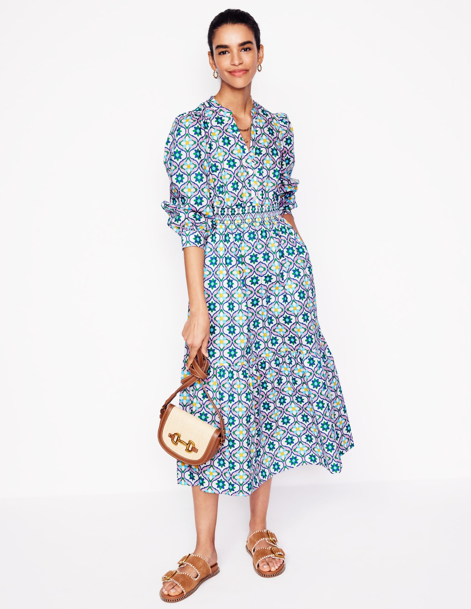  Elena Tiered Cotton Midi Dress-Multi, Floweret Tile、mySite、ashleygrahame