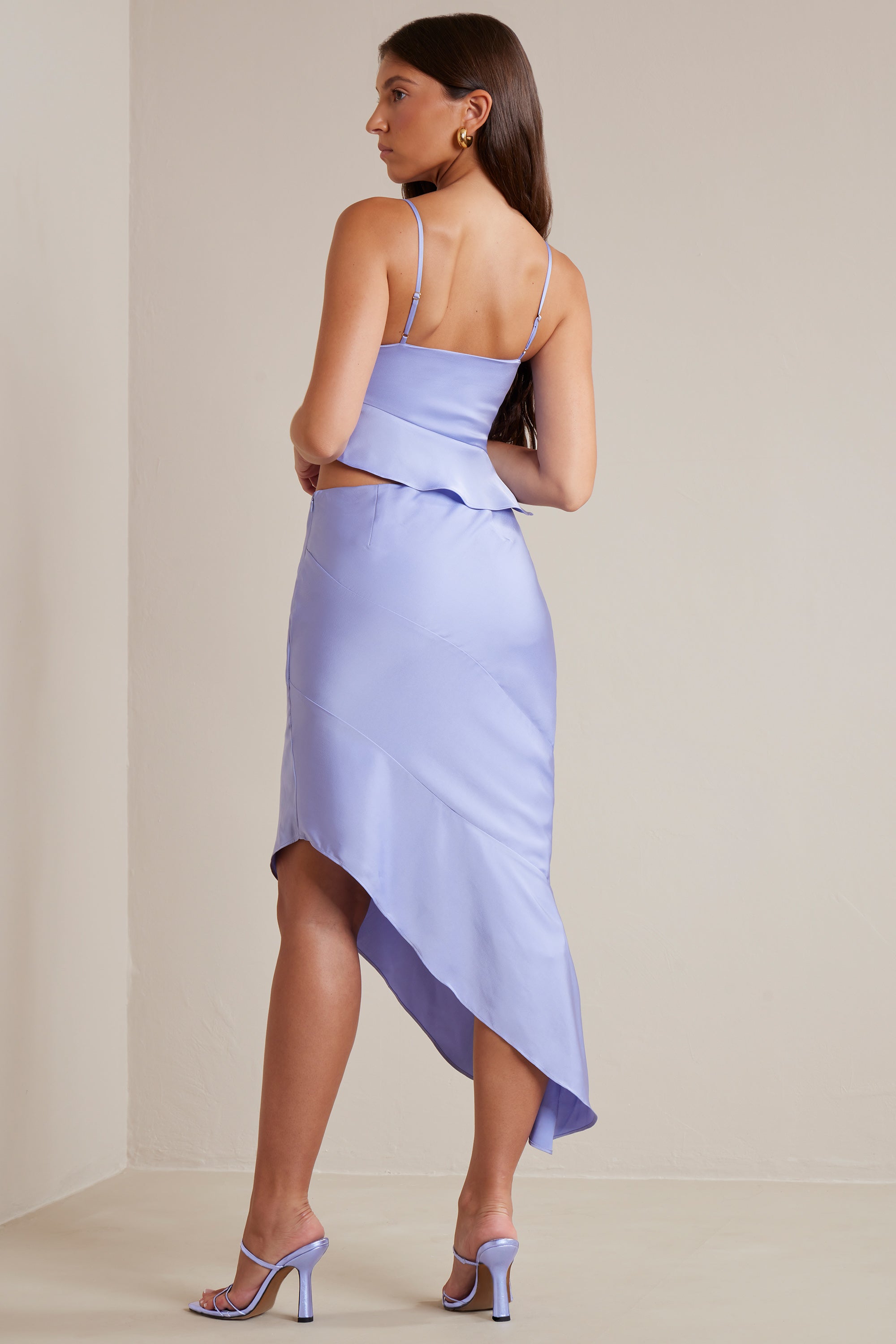 Bias Cut Satin Asymmetric Maxi Skirt in Periwinkle、mySite、solidvoid