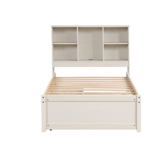 Modern Twin Size Bed Frame With Built-in USB Port on Bookcase Headboard and 2 Drawers for Grey Color、、xpatfood