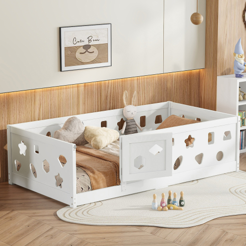 Twin Size Floor Bed with Heightened Safety Guardrails and Door, Solid Wood Bedframe with Rails for Girls, Boys, Teens, Child Bedroom, Kids Playroom, No Slats Included, White、、casual