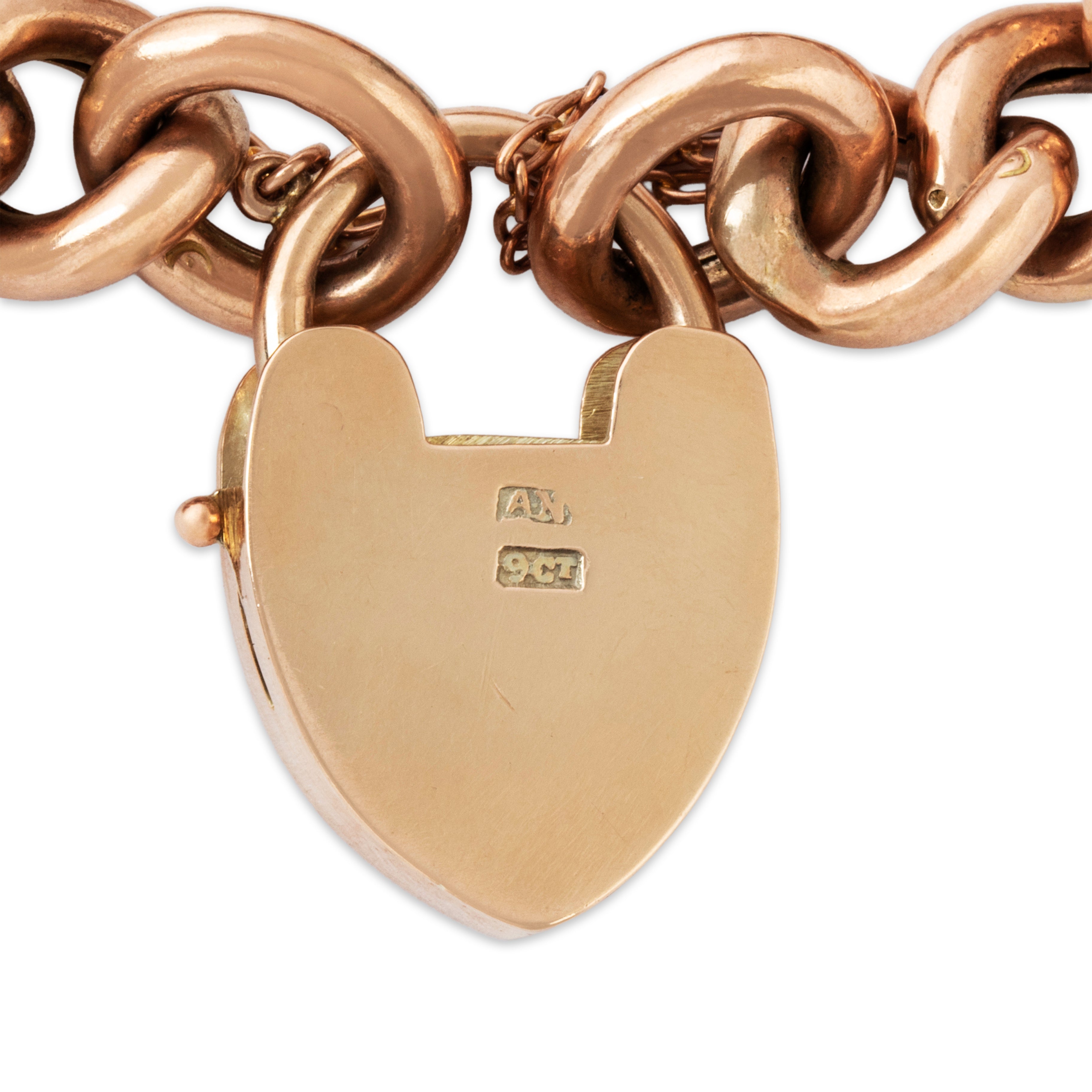 Antique English 9k Rose Gold Heart Lock Fabulous Curb Link Bracelet 7.25、mySite、hinf8tx79