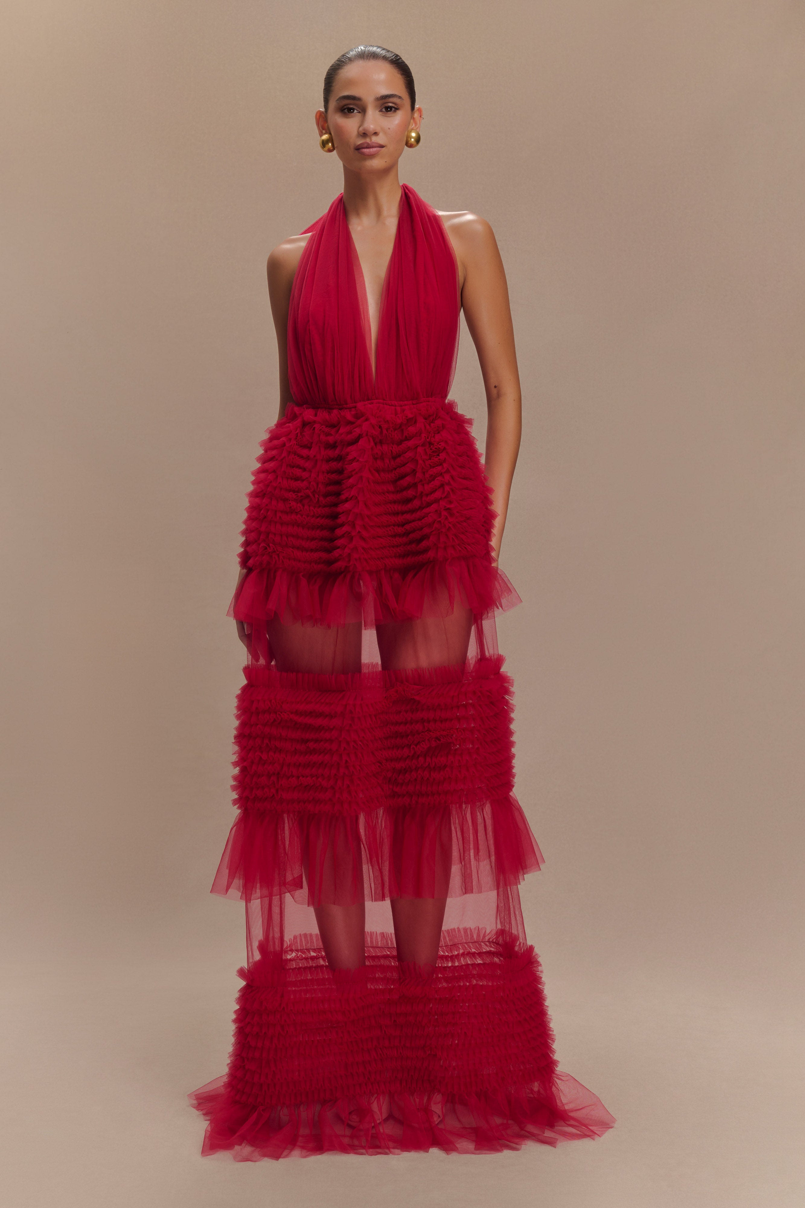 Minka Mesh Ruffle Halter Maxi Dress - Red、mySite、solidvoid