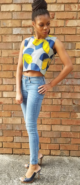 Blue and Yellow African Print Crop Top- DP3209CTP、mySite、solidvoid