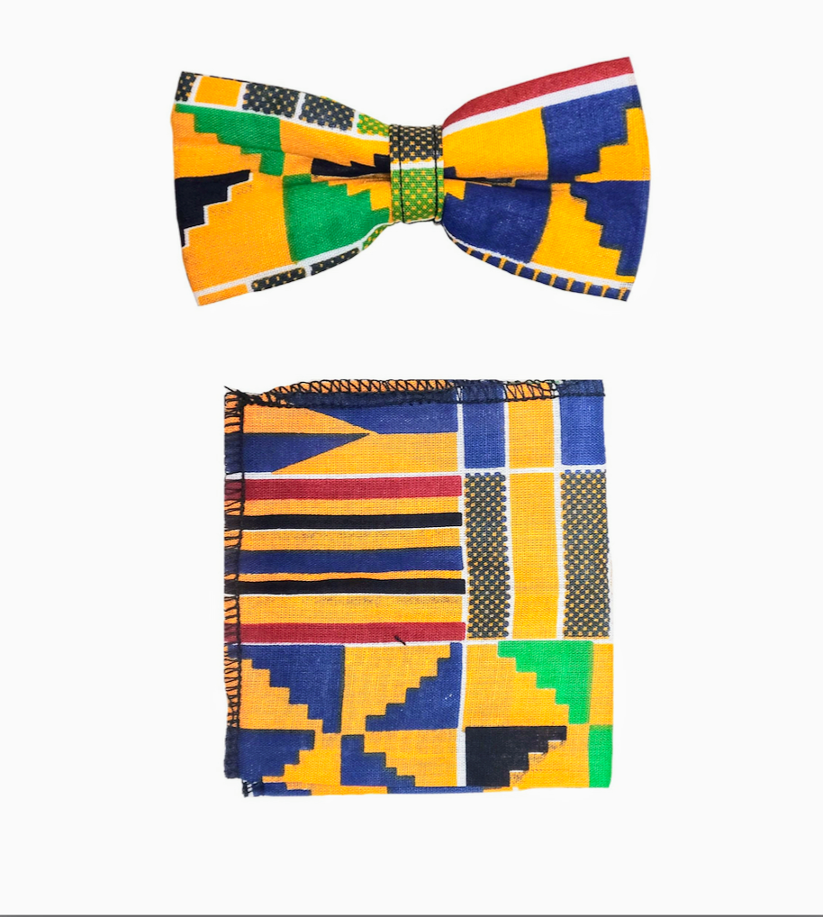 Dupsie's Kofi Adinkra Exquisite Blue, Gold, Red, Black, Green, and White African Print Kente Bow Tie and Pocket Square Set DP4075BT、mySite、solidvoid