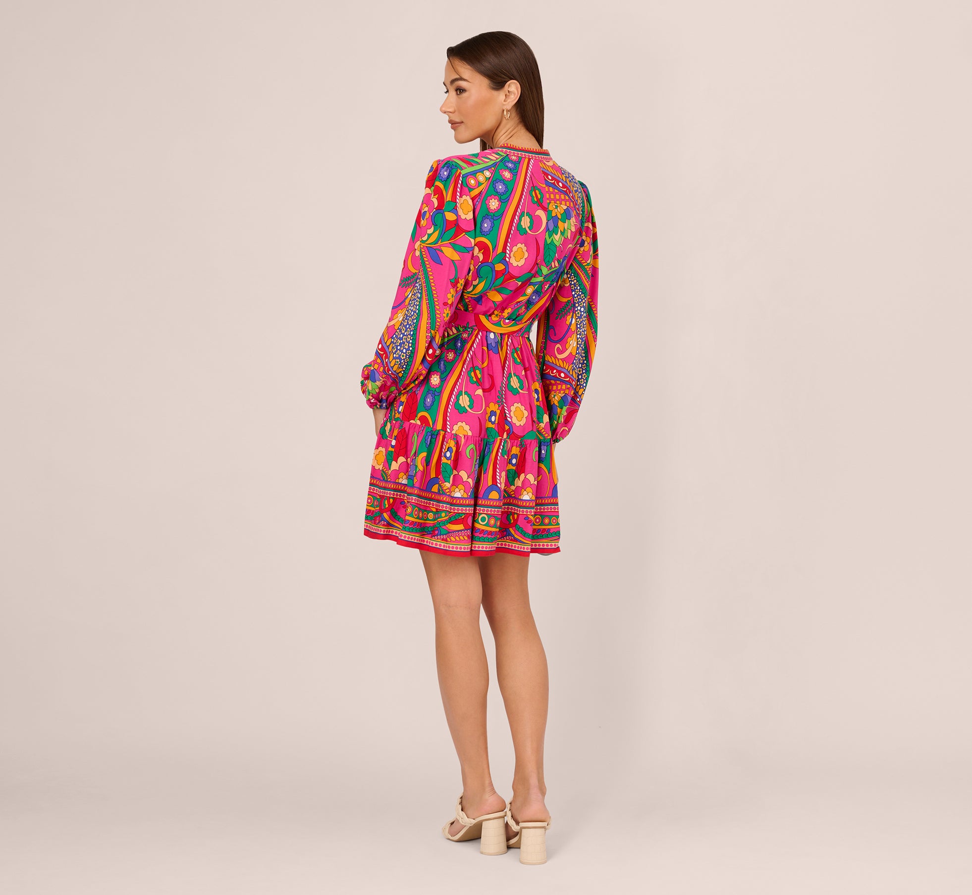 Long Sleeve Retro Printed A Line Dress In Pink Multi、mySite、solidvoid