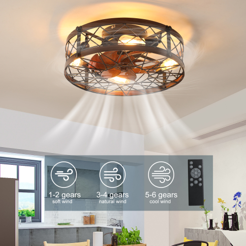 Caged Ceiling Fans with Lights Black, 20 inch Flush Mount Ceiling Fan Light, Farmhouse Small Ceiling Fan with Light Fixture, Reversible Fan for Bedroom (Including E26 bulbs)、、eastwooduniform