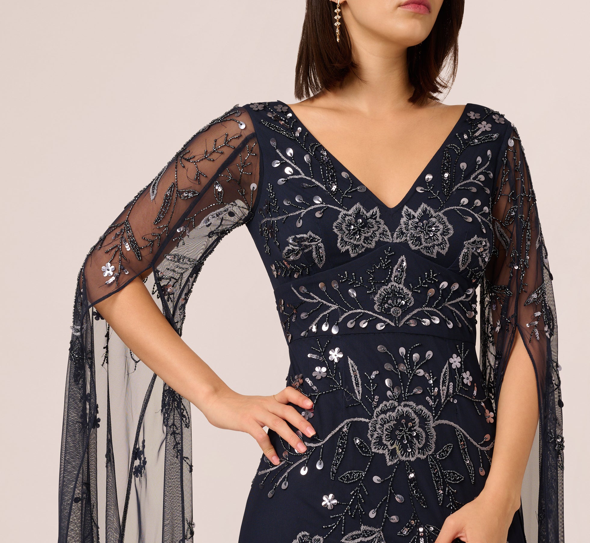 Split Sleeve Floral Beaded Gown In Navy Gunmetal、mySite、solidvoid