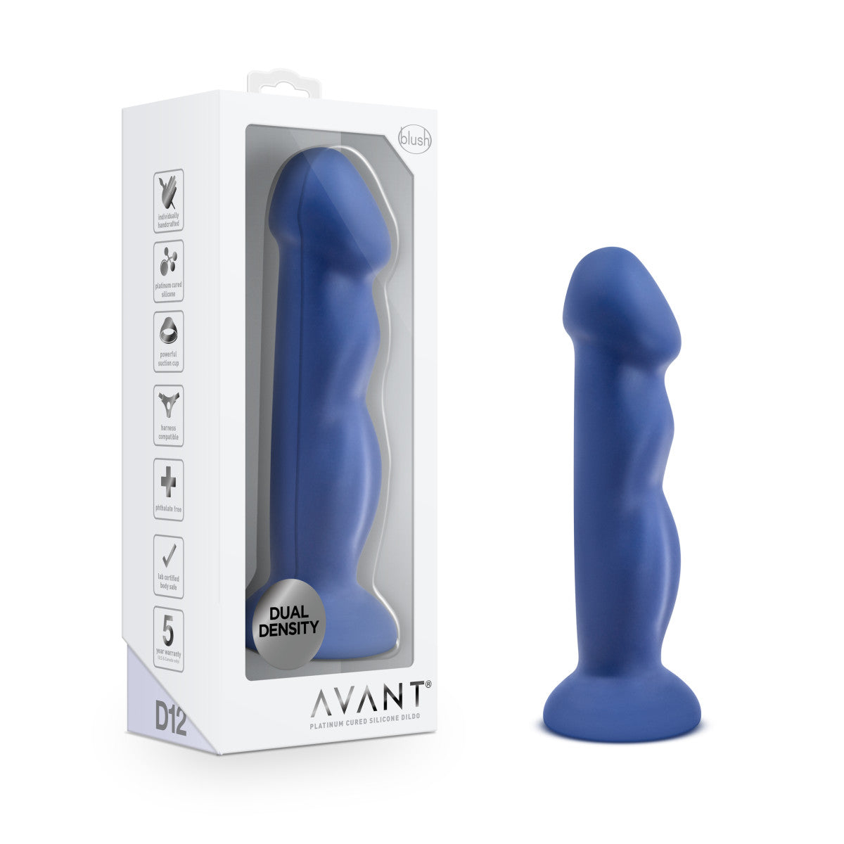 Avant By Blush® | Suko Indigo D12: Artisan 8 Inch Curved G-Spot Dildo with Suction Cup Base - Elegantly Made with Smooth Ultrasilk® Purio™ Silicone、mySite、bottomscart