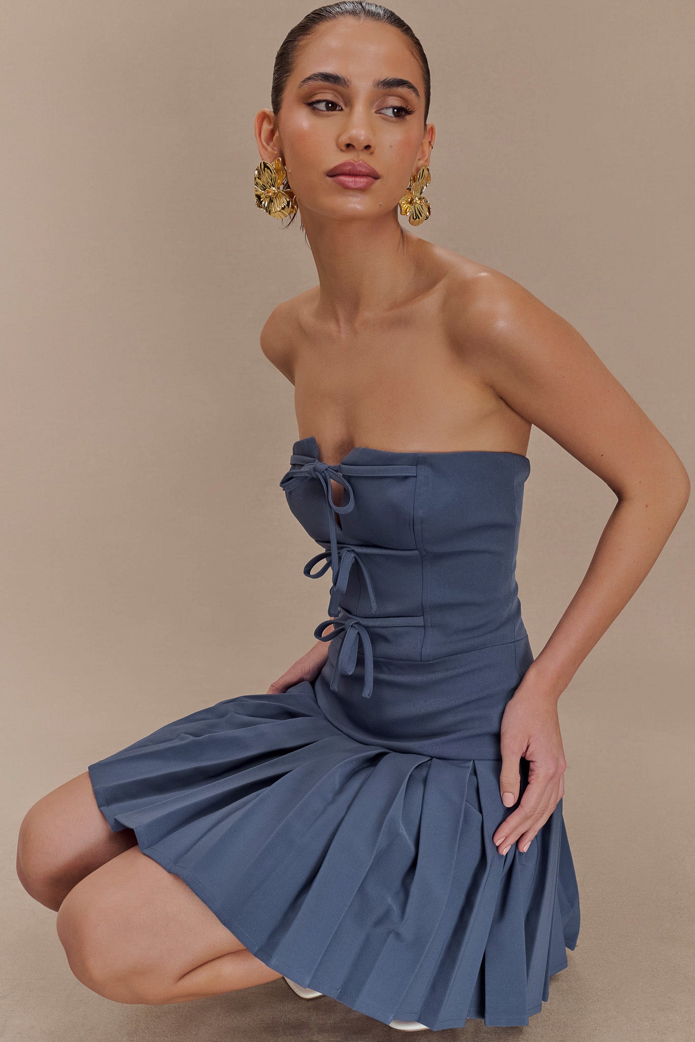 Naya Pleated Mini Dress With Ties - Steel、mySite、solidvoid