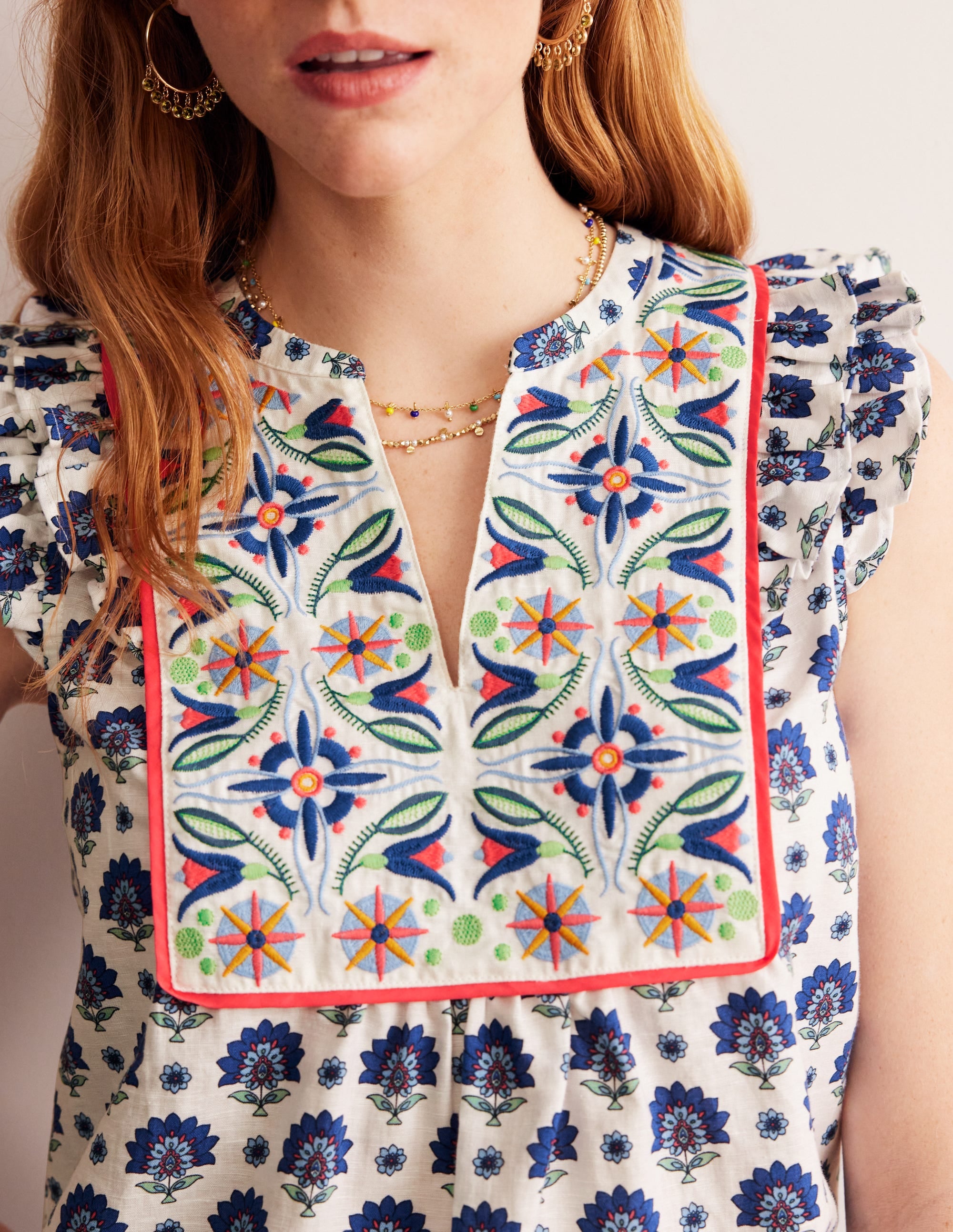  Frill Detail Embroidered Top-Bright Blue, Passion Geo、mySite、ashleygrahame
