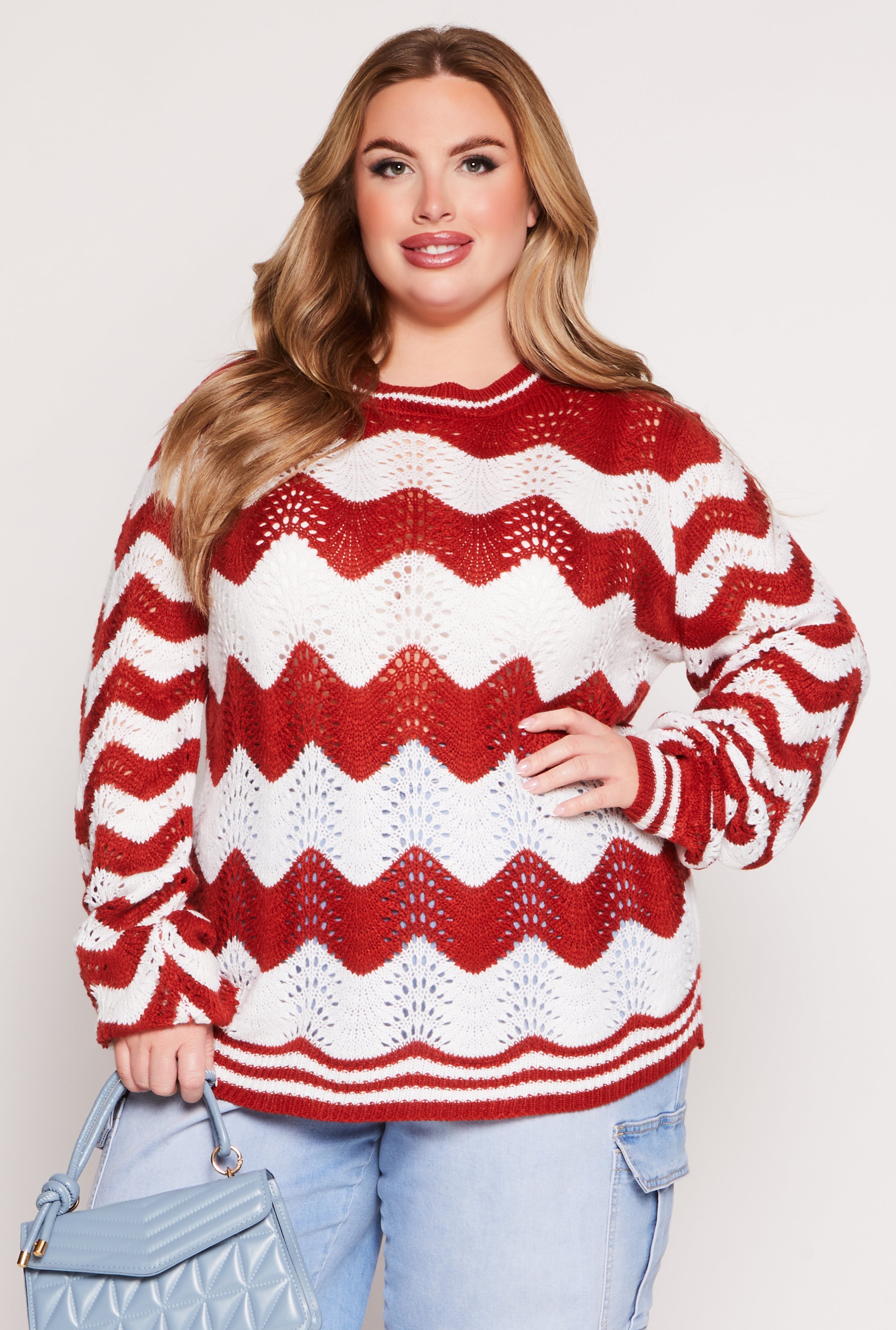 Plus Size Chevron Pointelle Knit Sweater、mySite、camillekostekn