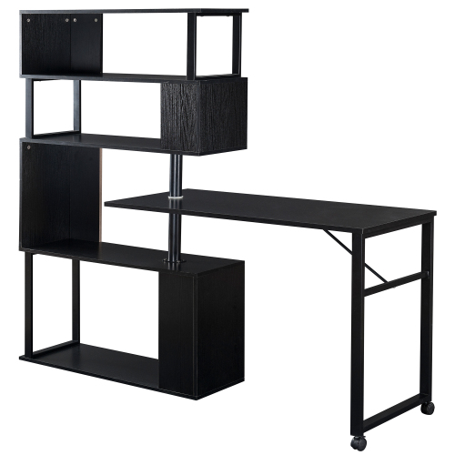 Home Office Computer Desk L-Shaped Corner Table, Rotating Computer Table with 5-Tier Bookshelf, Four Installation Methods, Lockable Casters (Black)、、casual