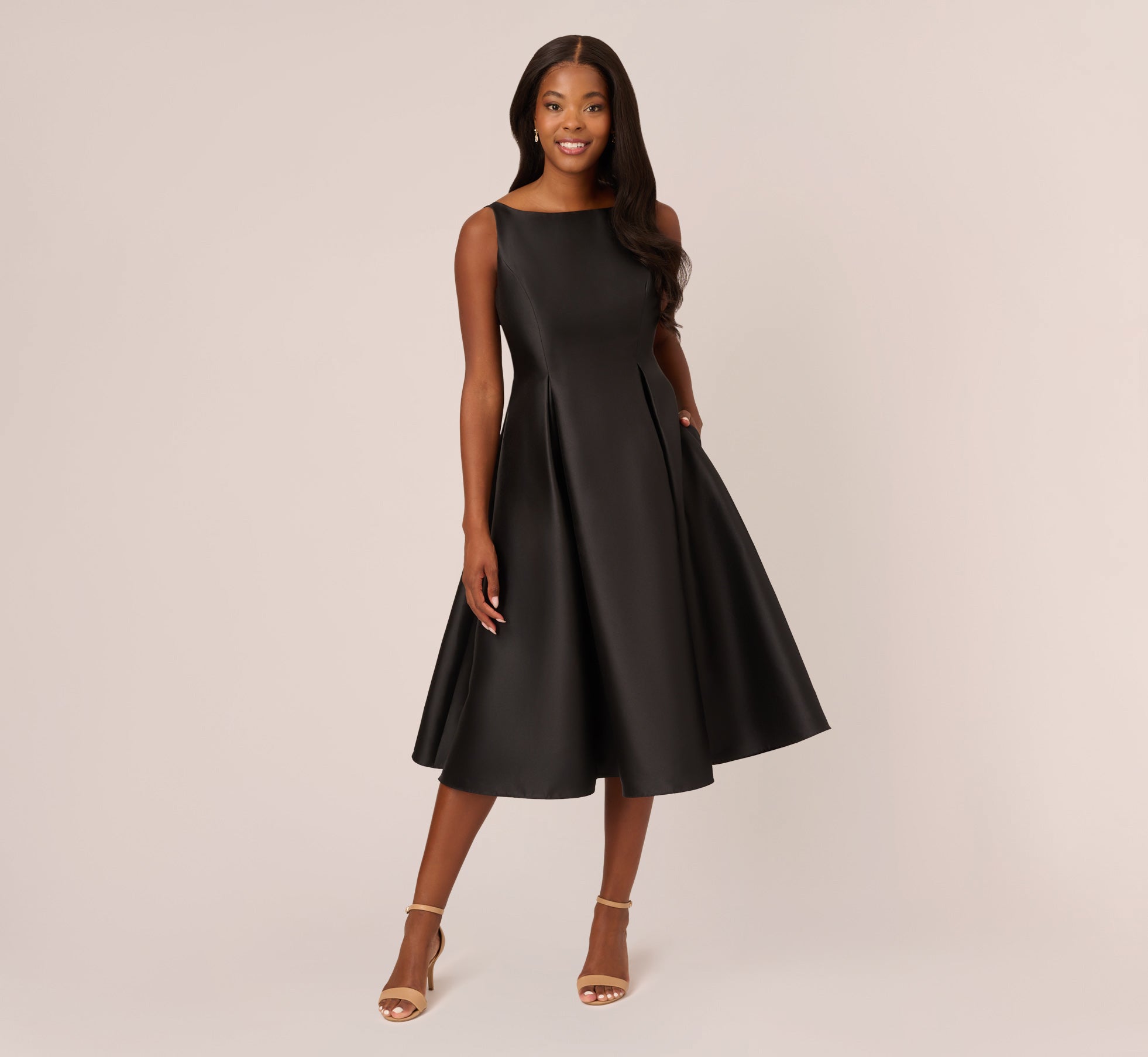 Sleeveless Mikado Fit And Flare Midi Dress With V-Back In Black、mySite、solidvoid