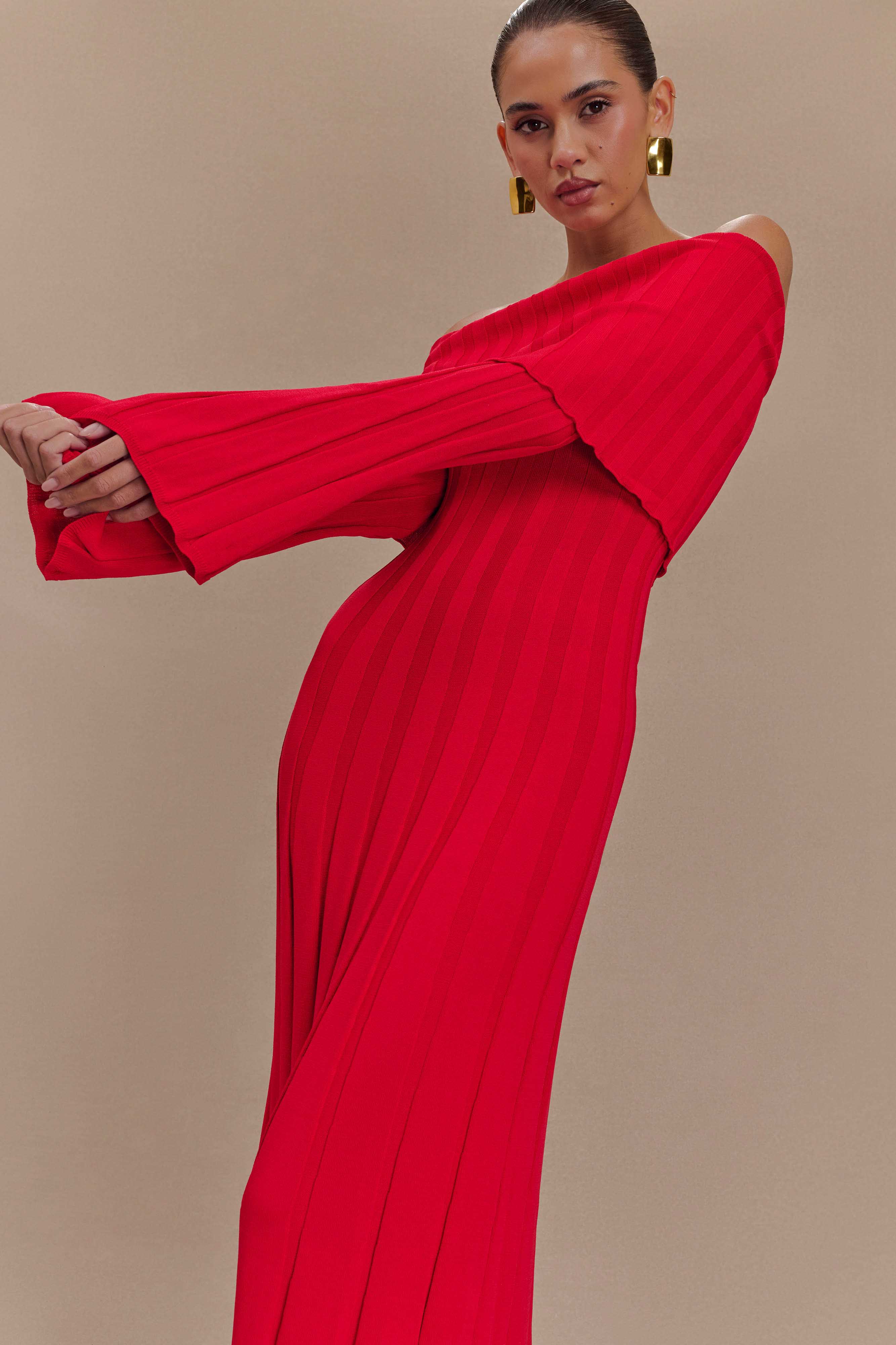 Alonza Long Sleeve Knit Midi Dress - Red、mySite、solidvoid