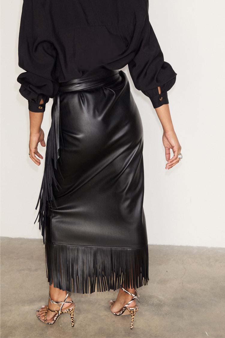 Black Vegan Leather Fringe Midi Jaspre Skirt、mySite、solidvoid