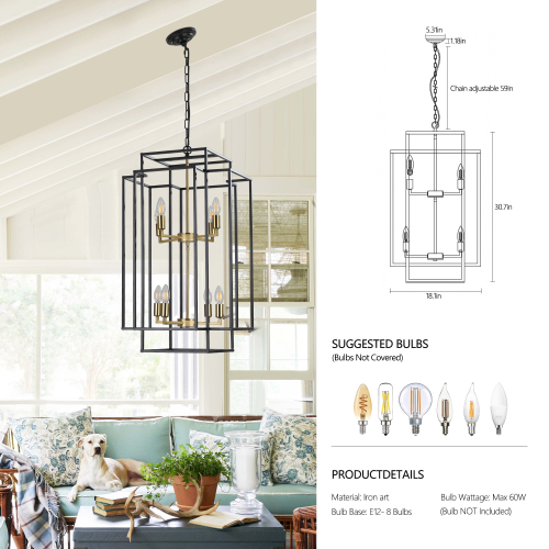 (Same as W1340142525/L1018-C) 18" Modern 8-Light Black & Chrome Geometric Pendant Chandelier, Industrial Metal Frame, Adjustable Hanging Light for Living Room, Dining Room, Kitchen (No Bulbs)、、eastwooduniform