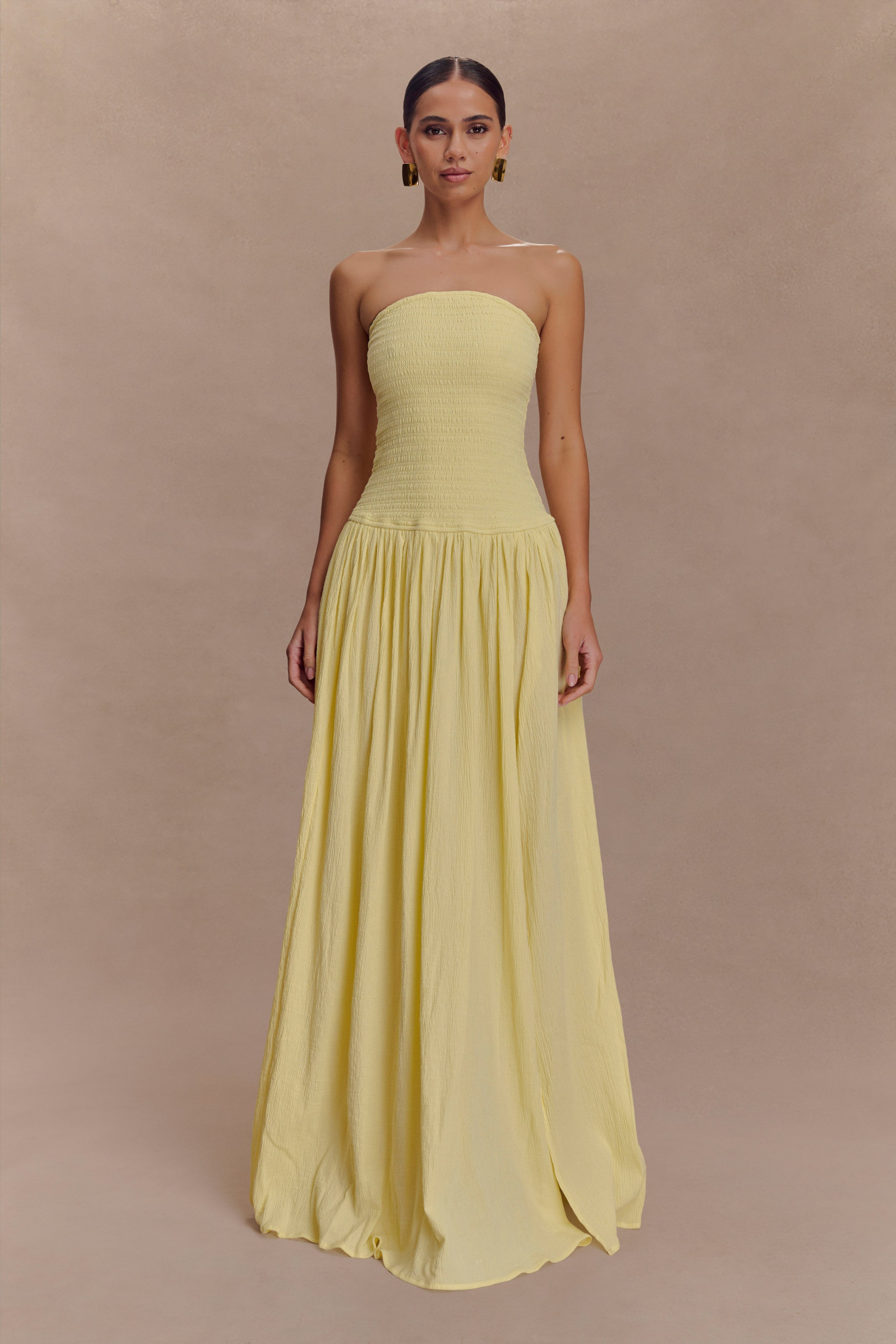 Maureen Cotton Shirring Maxi Dress - Lemon、mySite、solidvoid