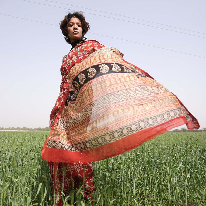 Bagru Printed Chanderi Red Saree、mySite、camillekostekn