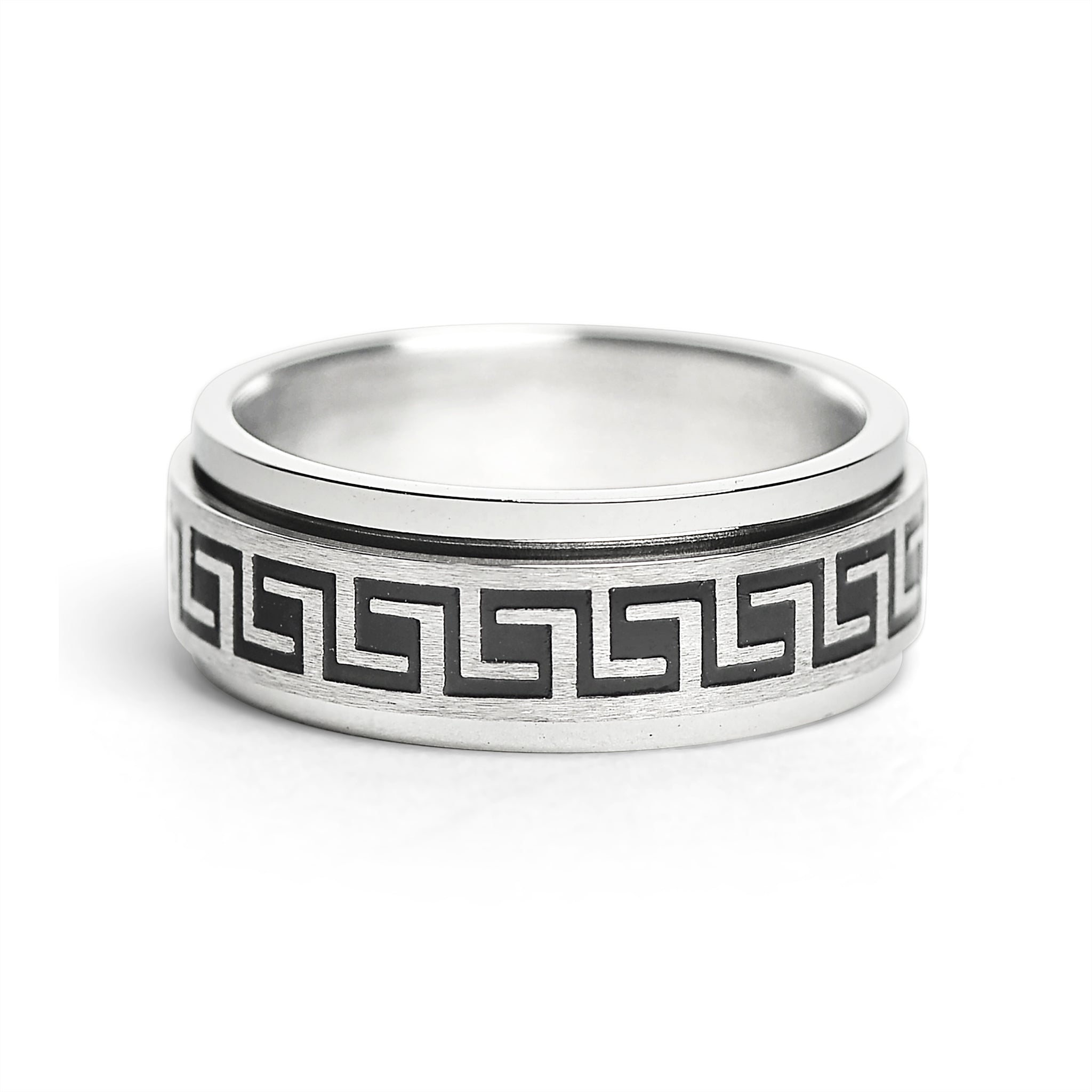 Stainless Steel Black Greek Key Spinner Center Polished Ring / SRJ2056、mySite、dreamappss