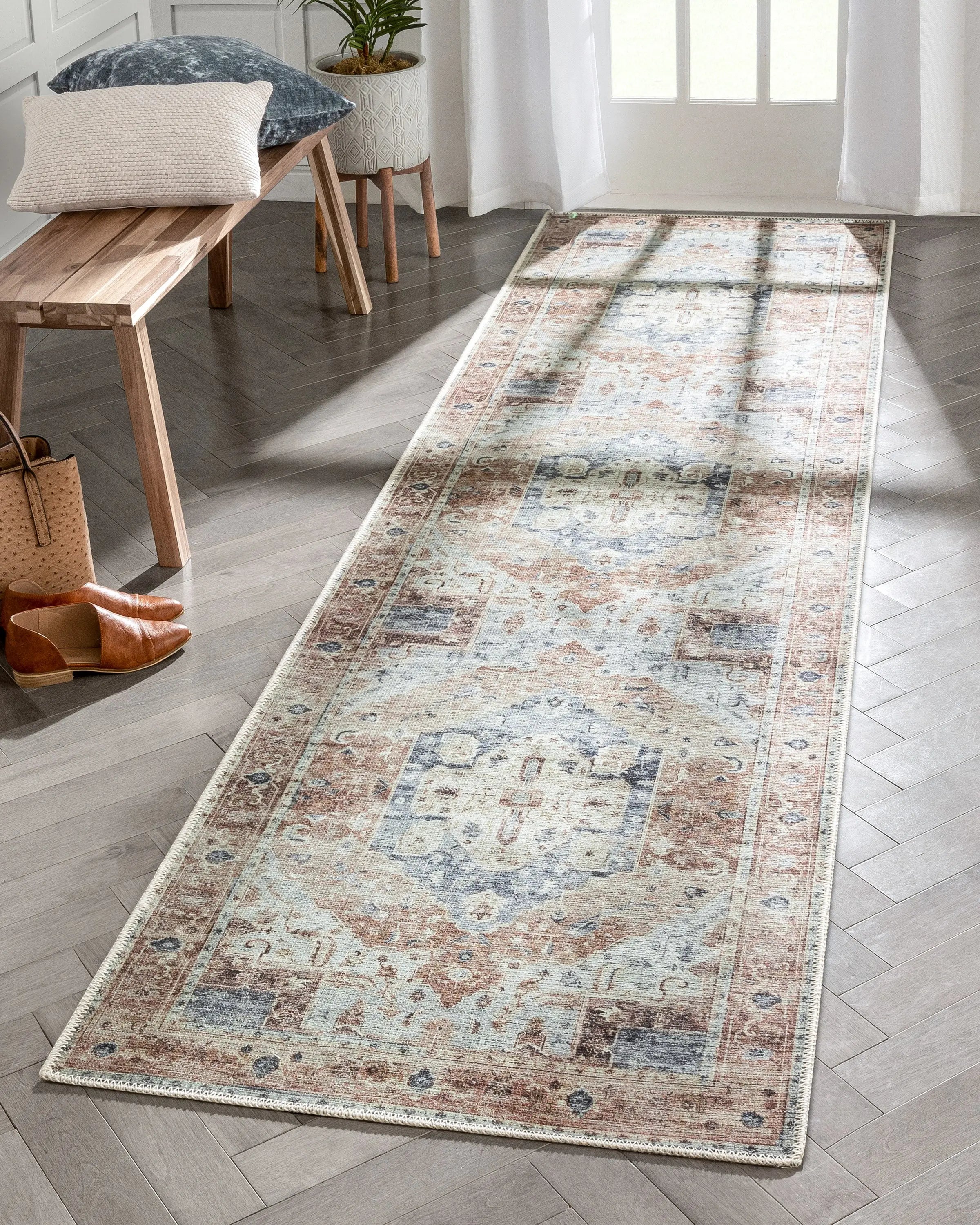 Binita Machine Washable Vintage Medallion Oriental Ivory Rust Flat-Weave Rug、mySite、gigharbornorthrealestate
