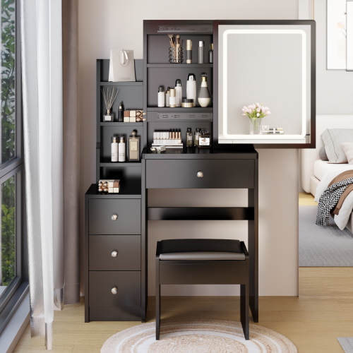 29.2" Small Size Left Bedside Cabinet Vanity Table + Cushioned Stool, Large Sliding, Touch Control, Tri-color Switching, Brightness Adjust LED Mirror, High Capacity Storage, Suitable for Small Space、、xpatfood