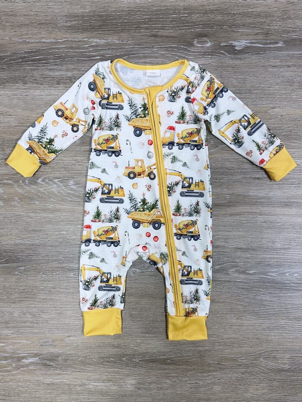 Christmas Tree Construction Yellow Trim Baby Romper、mySite、camillekostekn