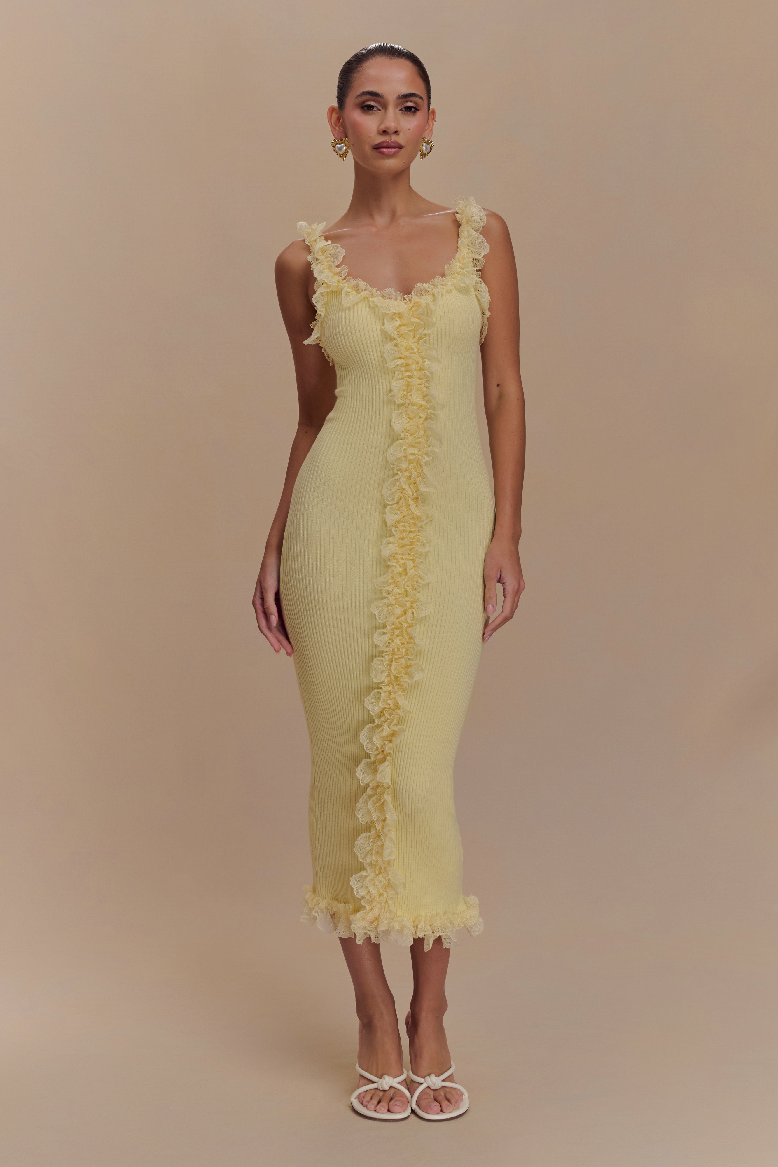 Shay Lace Ruffle Knit Midi Dress - Lemon、mySite、solidvoid