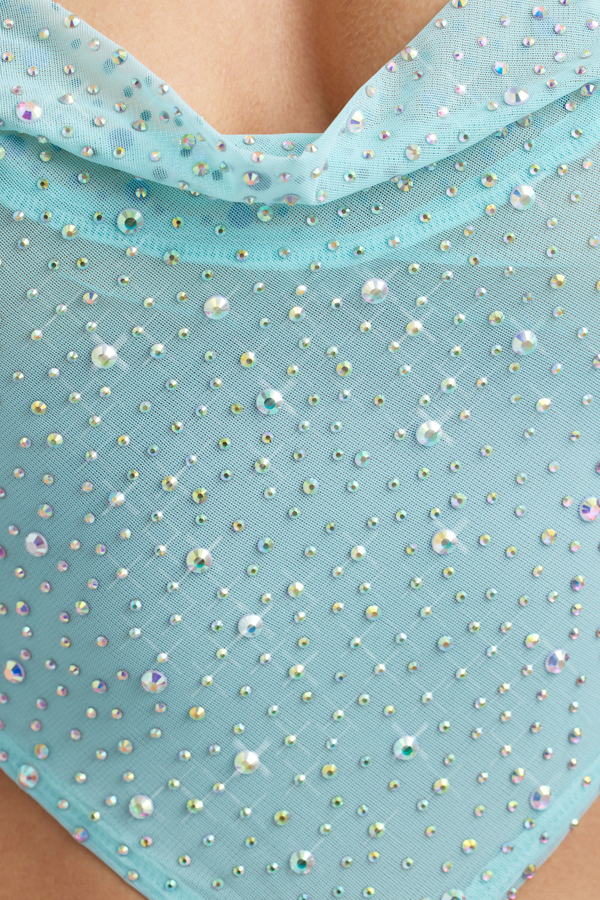 Embellished Cowl-Neck Crop Top in Ice Blue、mySite、solidvoid