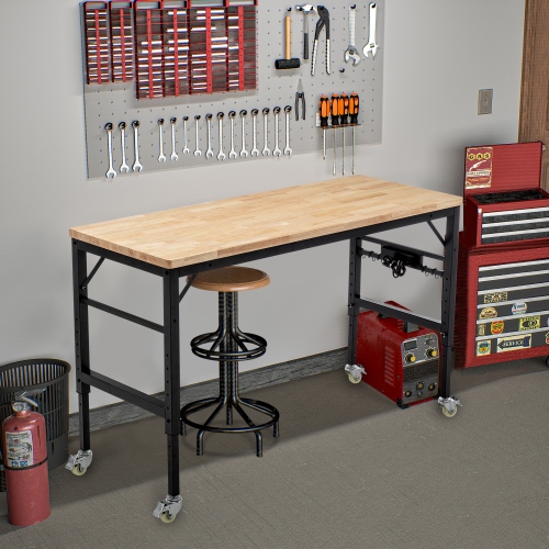 Adjustable Height Workbench, 60" Rubber Wood Top Heavy duty Workstation with Power Outlets, 2000 LBS Load Capacity Hardwood Worktable for Workshop, Garage, Office, Home, Commercial、、casual