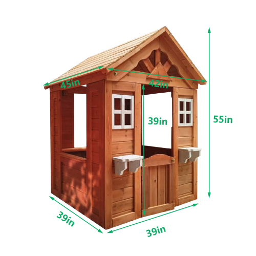 All Wooden Kids Playhouse with 2 windows and flowerpot holder,42"Lx46"Wx55"H,Golden Red、、casual