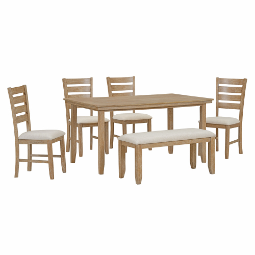 TREXM Dining Room Table and Chairs with Bench, Rustic Wood Dining Set, Set of 6 (Gray)、、casual
