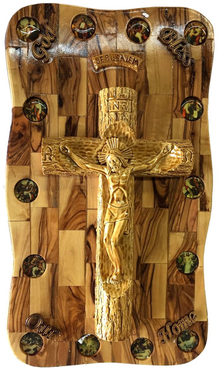  Olive wood wall plaque with Alabaster Crucifix and Stations of the Cross ( 40 cm - 15.5 inches )、mySite、elrpsem3k