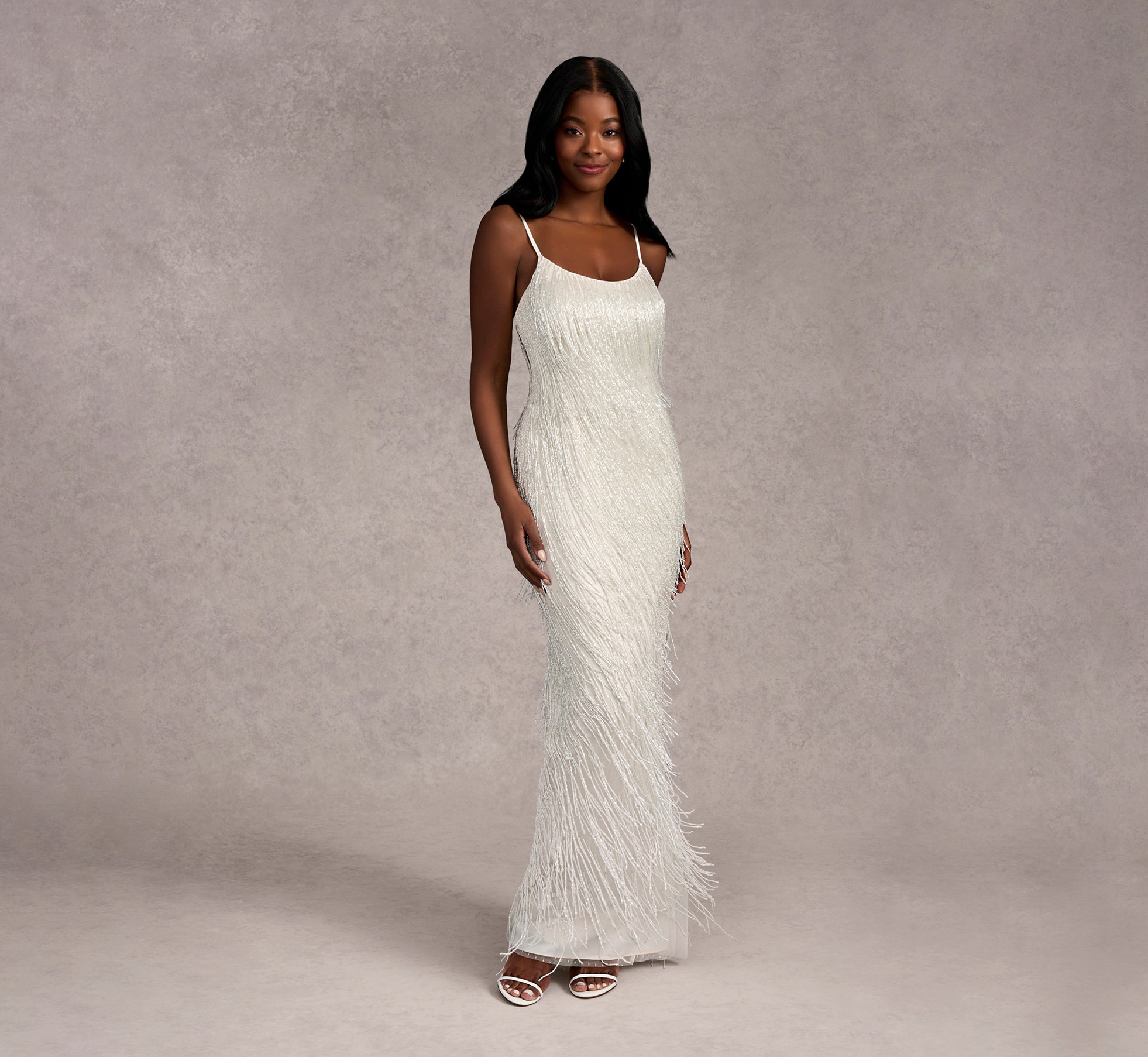 Beaded Fringe Column Dress In Ivory/Ivory In Ivory Ivory、mySite、solidvoid