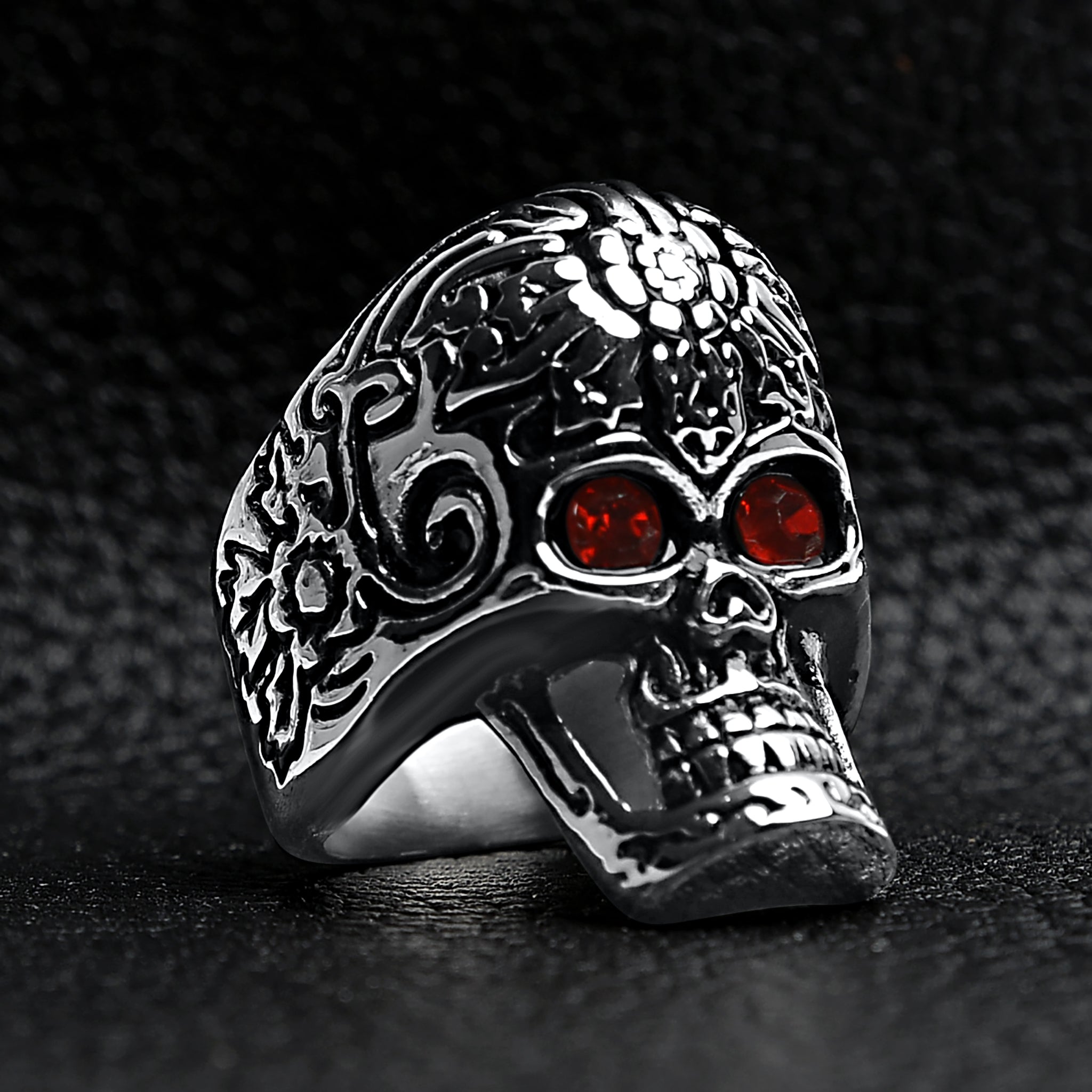 Large Red CZ Eyed Detailed Skull Stainless Steel Ring / SCR4005、mySite、dreamappss