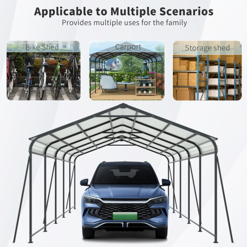 12 X 32 FT Carport, Heavy Duty Carport with Galvanized Steel Roof and Frame, Metal Carport Large Garage with 4 Fixed inclined square tube supports for Driveway Car, Truck、、eastwooduniform